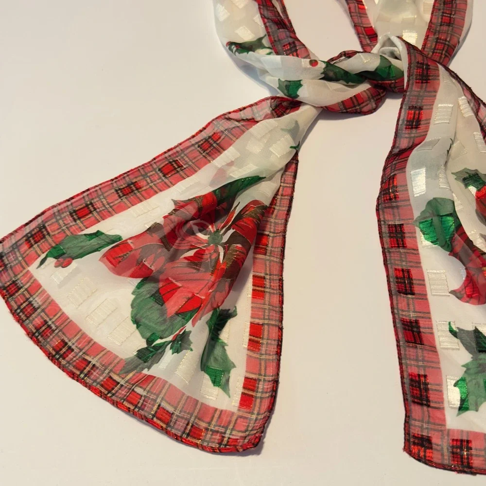 Poinsettia Holly Scarf White Red Plaid Festive Christmas Vintage OS Holiday 61x9